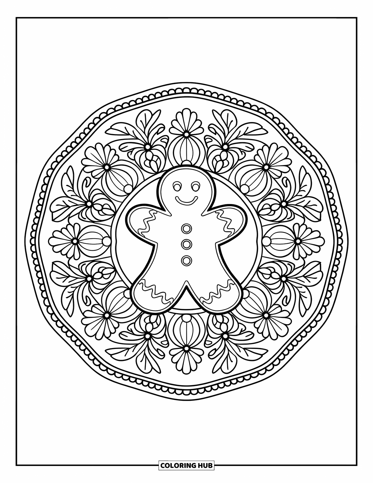 Christmas Cookie Coloring Page for Adults: A gingerbread cookie sits in the center of a floral mandala with leaves and swirls