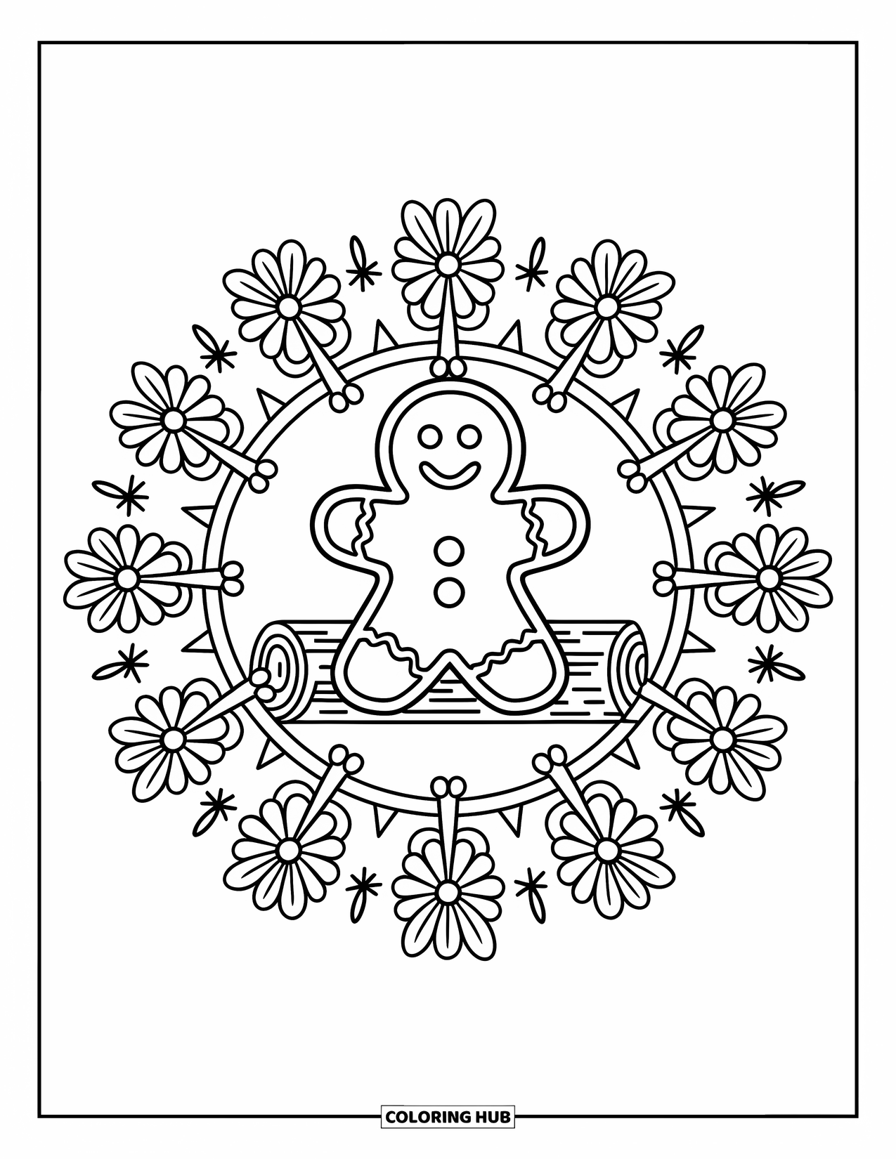 Christmas Cookie Coloring Page for Adults: A gingerbread man on a log is framed by radiating flowers and leaves