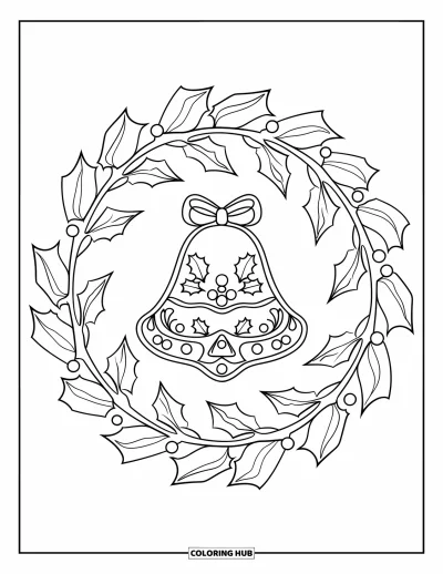 Christmas Cookie Coloring Page for Adults: A holly mandala wraps around a bell-shaped cookie with berries and leaves