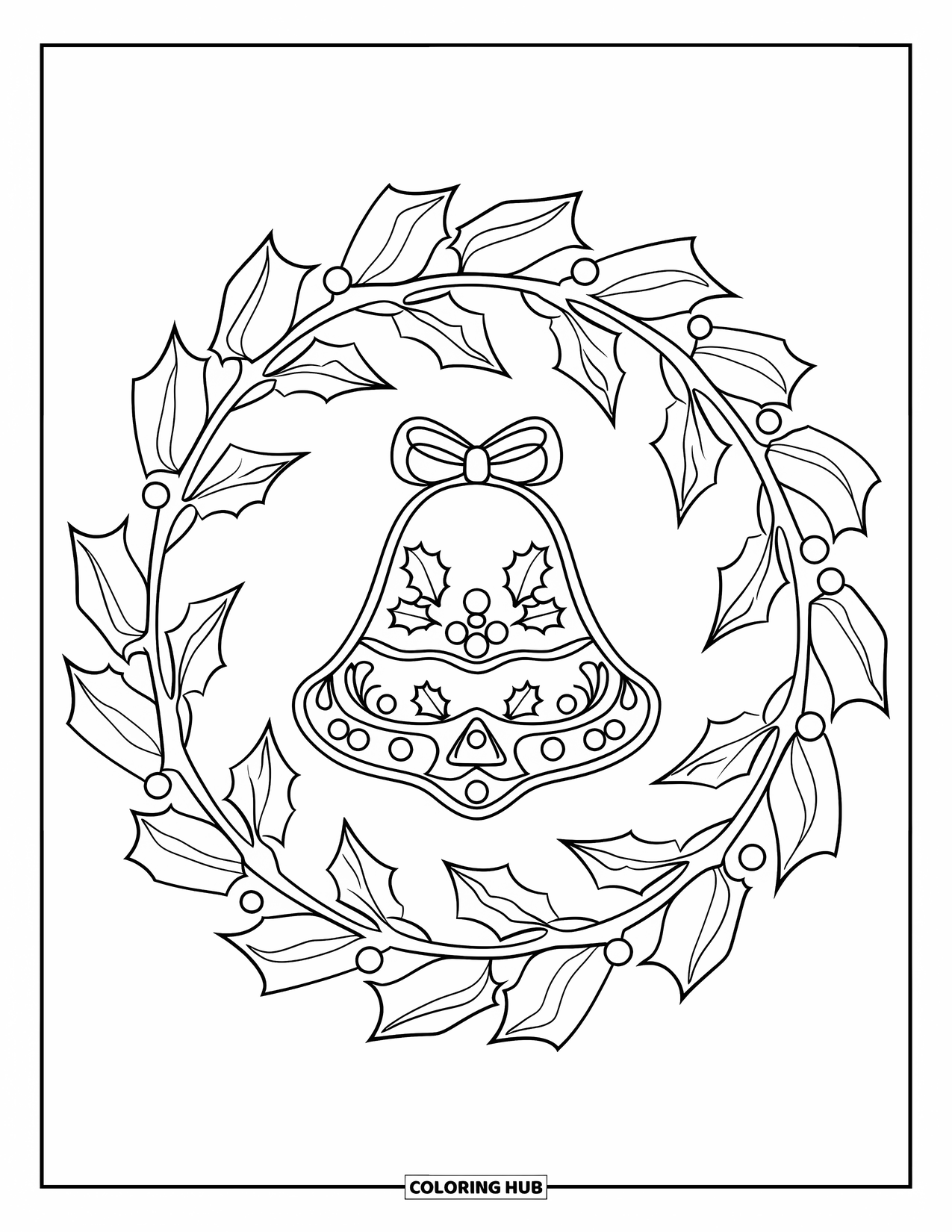 Christmas Cookie Coloring Page for Adults: A holly mandala wraps around a bell-shaped cookie with berries and leaves