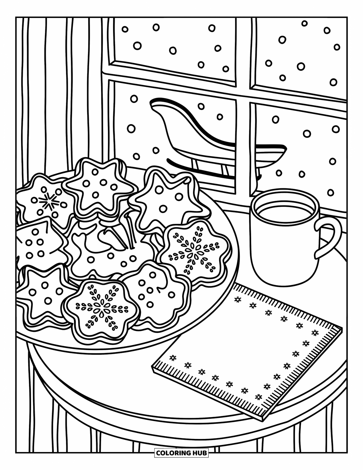 Christmas Cookie Coloring Page for Adults: A plate of cookies and milk sits by a snowy window for Santa