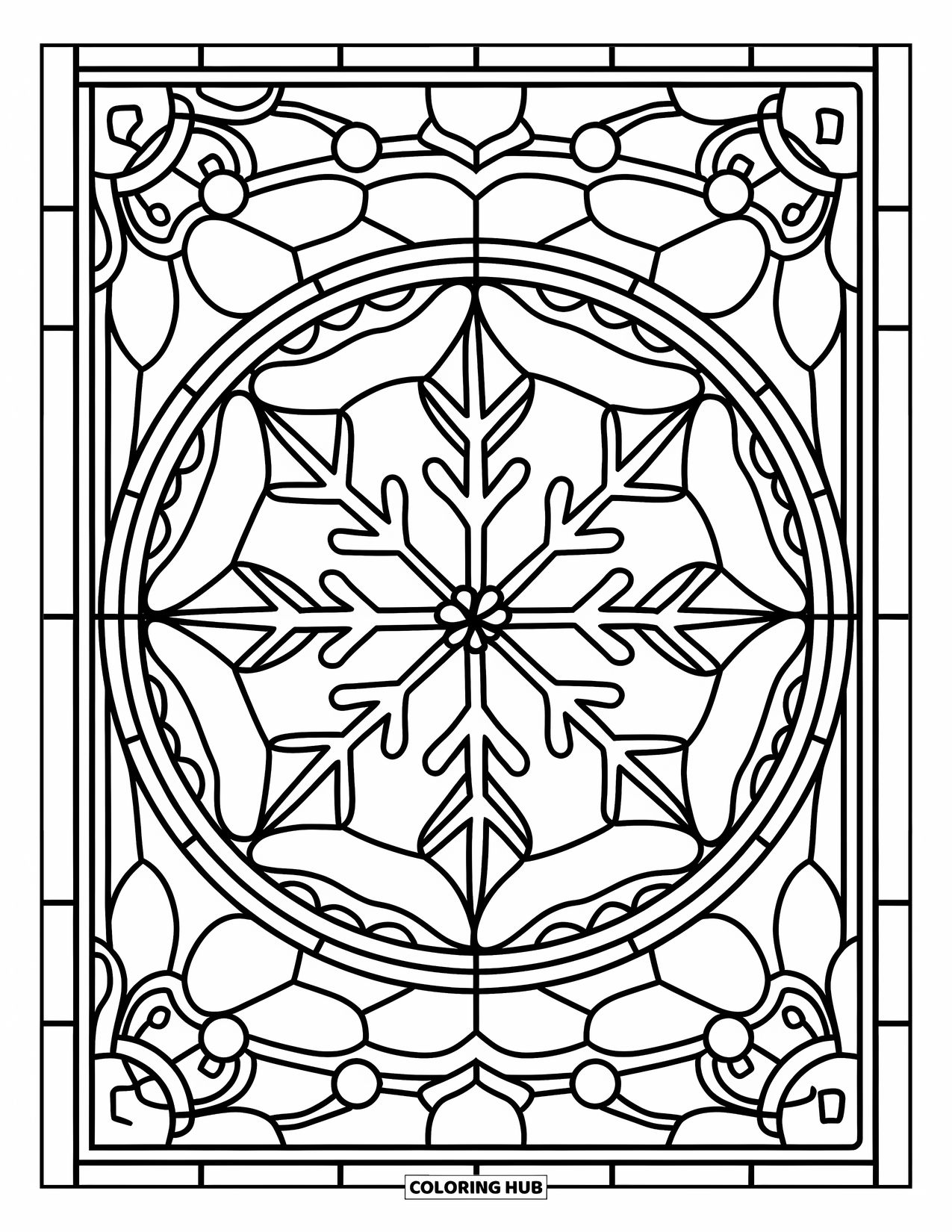 Christmas Cookie Coloring Page for Adults: A snowflake cookie shines inside a detailed stained glass panel on a white background
