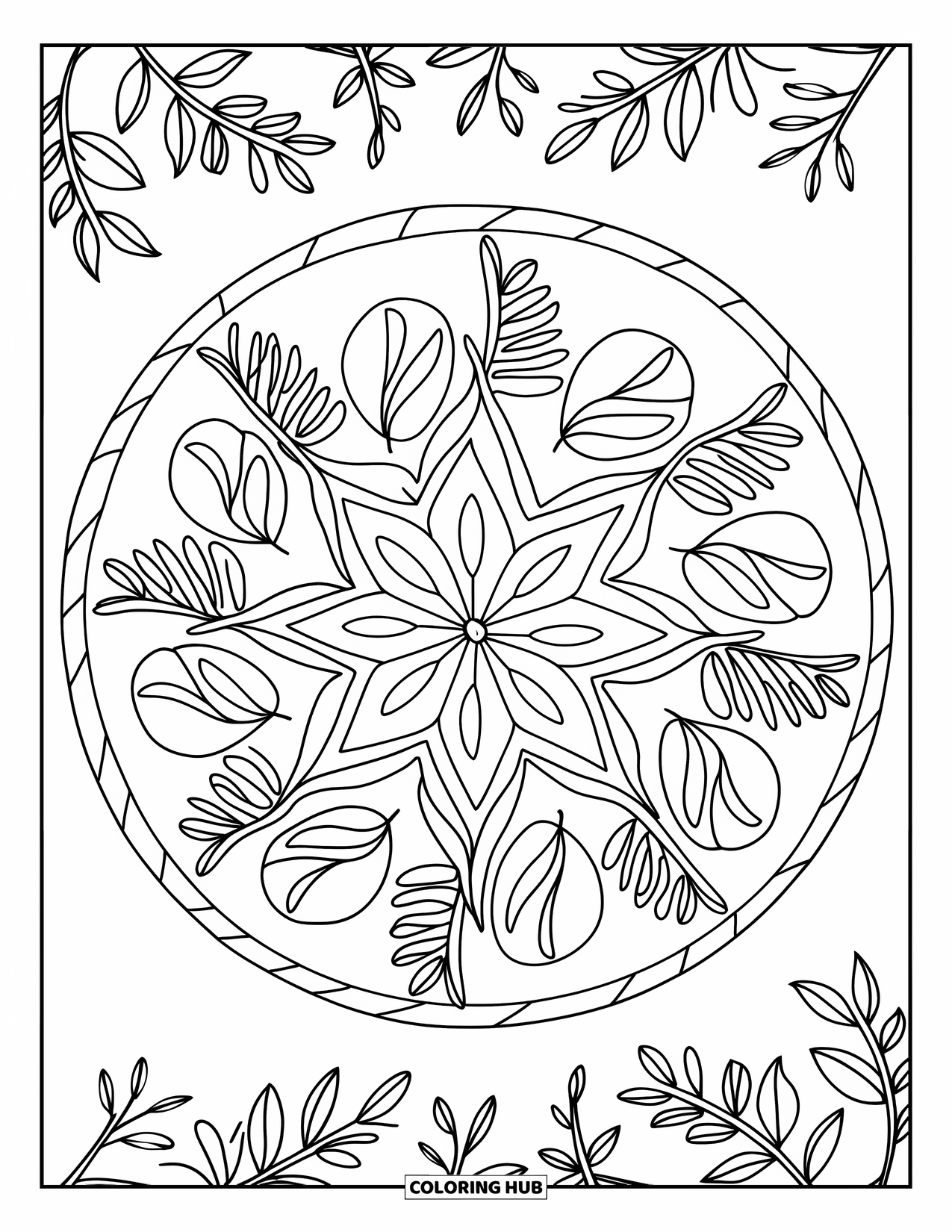 Christmas Cookie Coloring Page for Adults: A star cookie sits on wood, surrounded by leafy mandala details