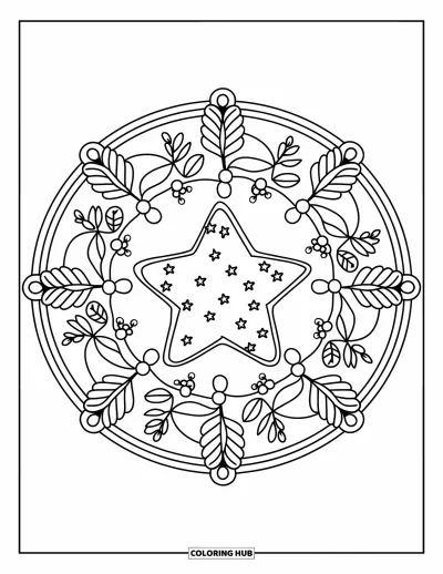 Christmas Cookie Coloring Page for Adults: A star-shaped cookie with sugar is framed by floral mandala leaves and vines