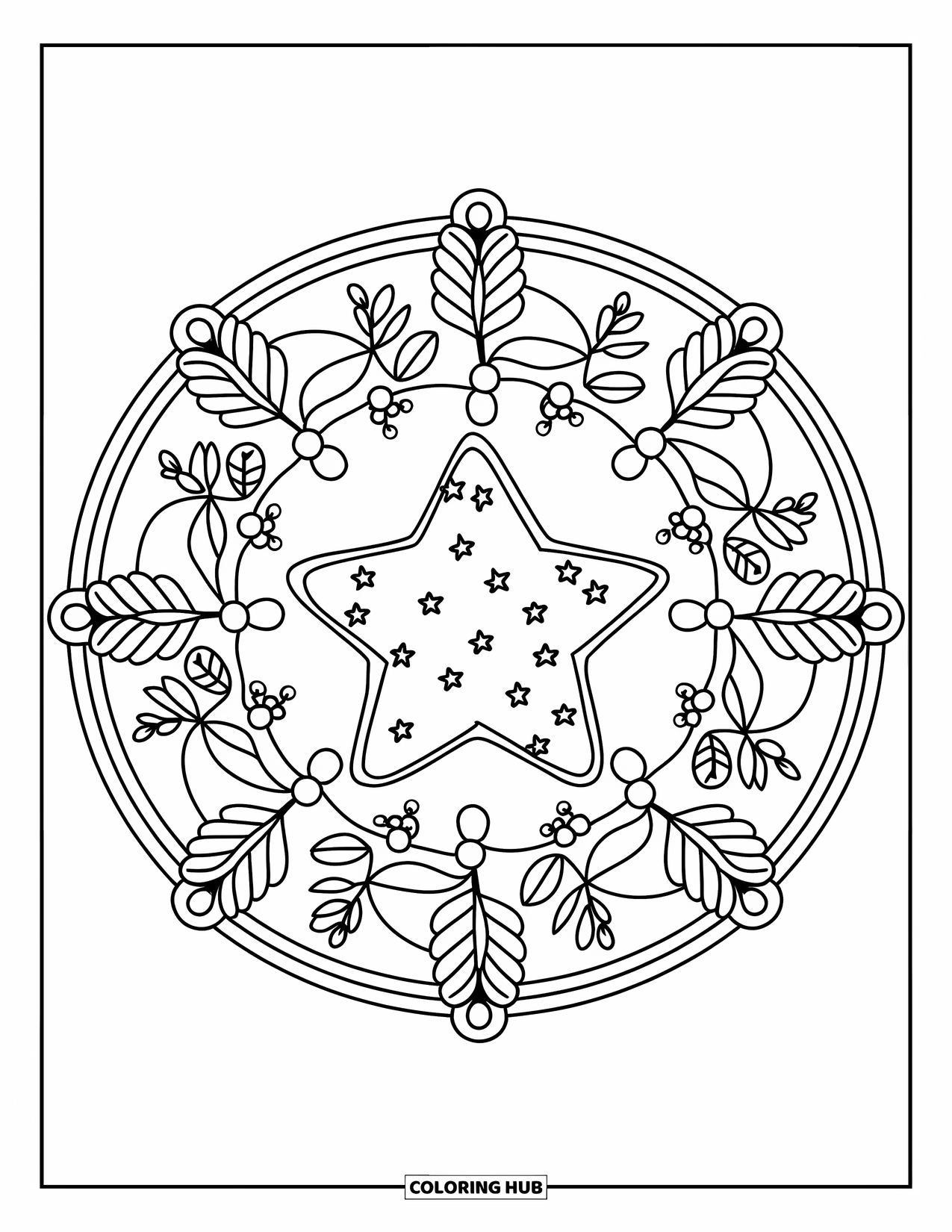 Christmas Cookie Coloring Page for Adults: A star-shaped cookie with sugar is framed by floral mandala leaves and vines