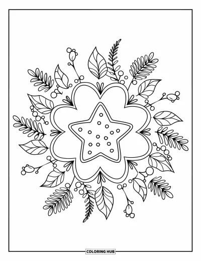 Christmas Cookie Coloring Page for Adults: A sugared star cookie is wrapped in a botanical mandala of leaves and flowers