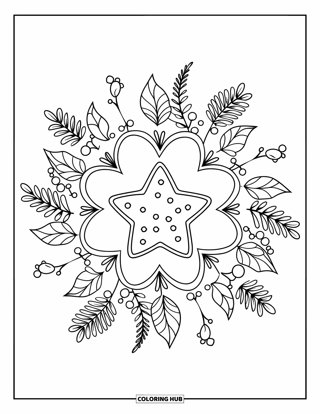 Christmas Cookie Coloring Page for Adults: A sugared star cookie is wrapped in a botanical mandala of leaves and flowers