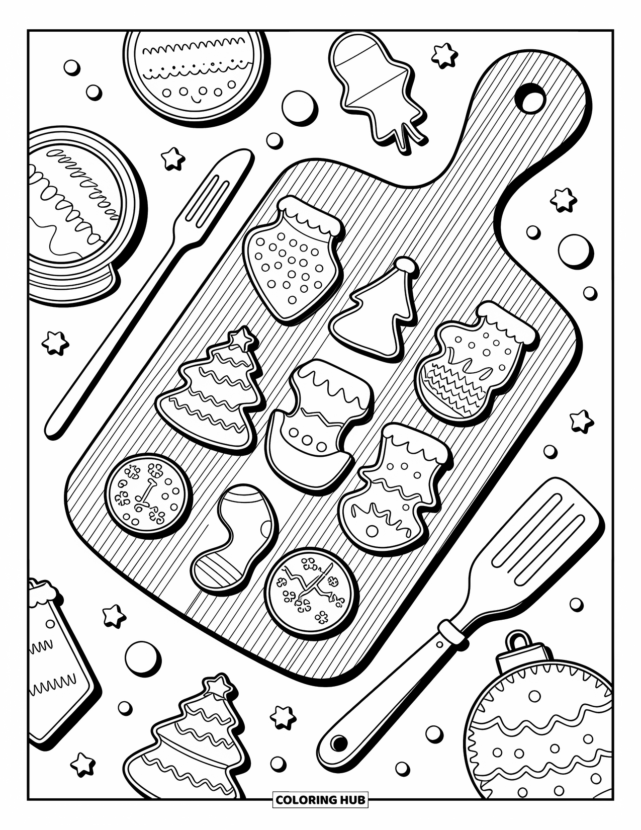 Christmas Cookie Coloring Page for Adults: A tilted cutting board is filled with frosted holiday cookies and baking tools
