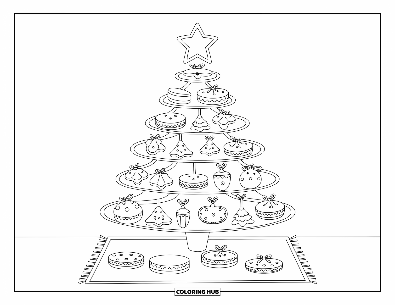 Christmas Cookie Coloring Page for Adults: A tiny tree made of decorated cookies stands on a cozy mat
