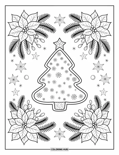Christmas Cookie Coloring Page for Adults: A tree cookie with ornaments sits among poinsettias and starry patterns
