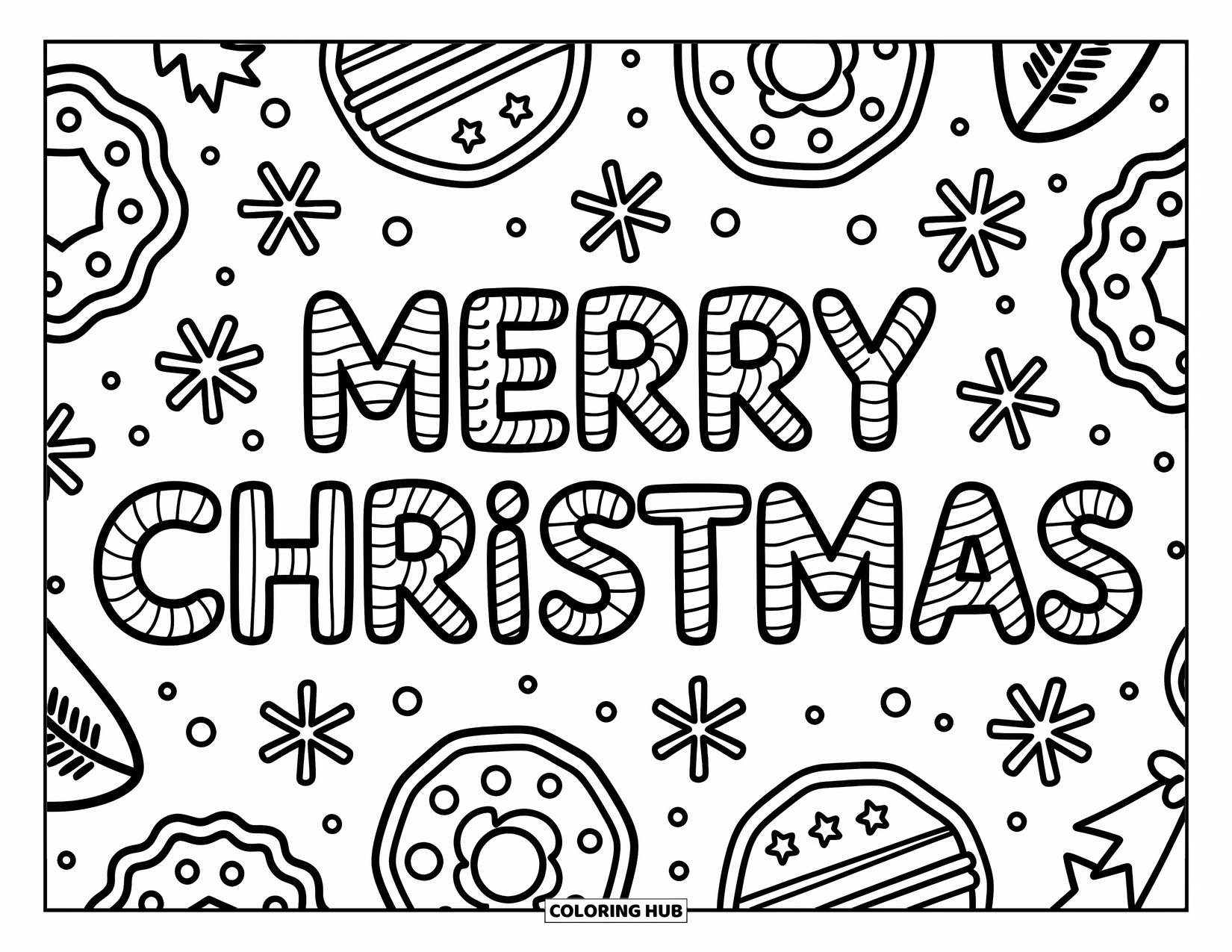Christmas Cookie Coloring Page for Adults: A tree of cookie ornaments rests on a warm mat with scattered treats