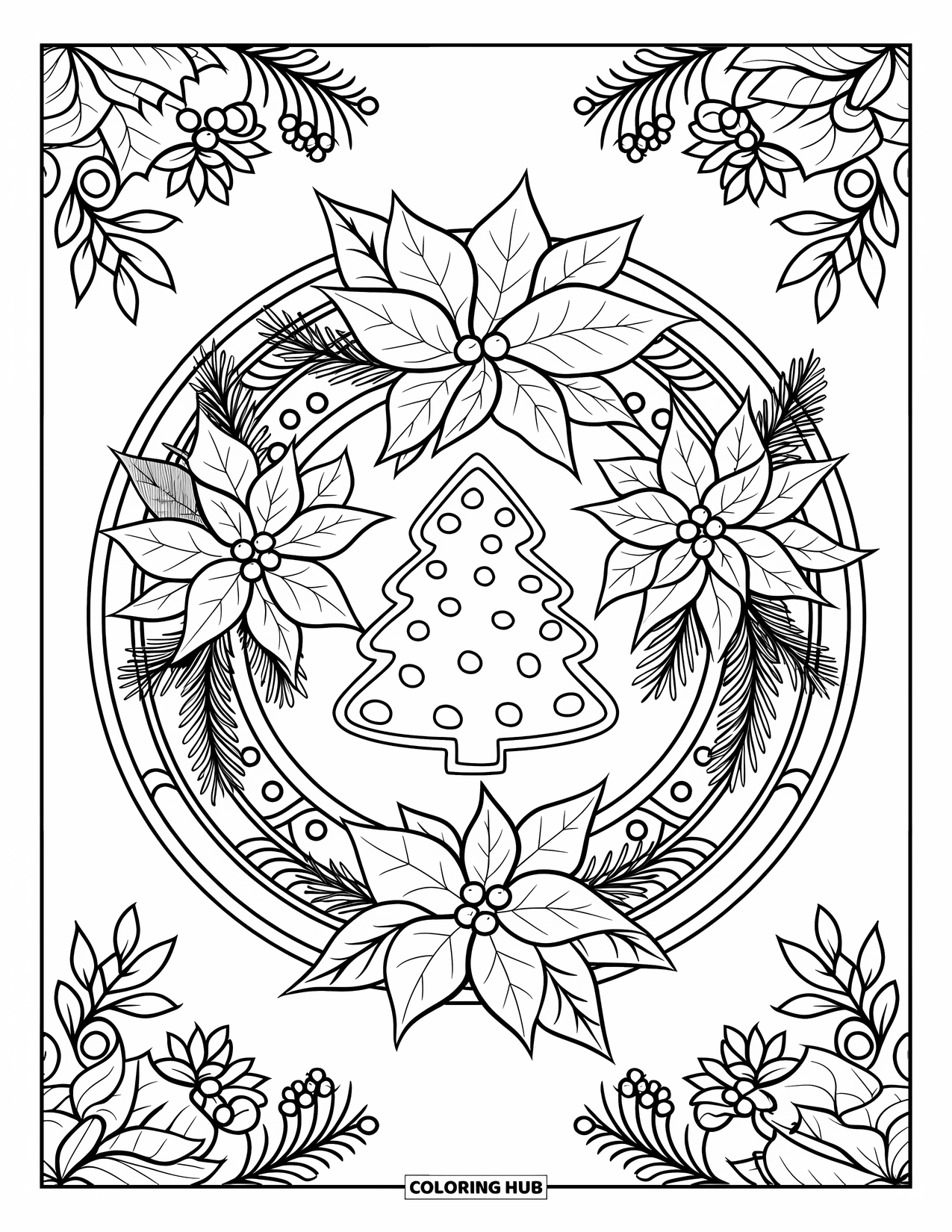 Christmas Cookie Coloring Page for Adults: A tree-shaped cookie sits in the center of poinsettias and pine branches
