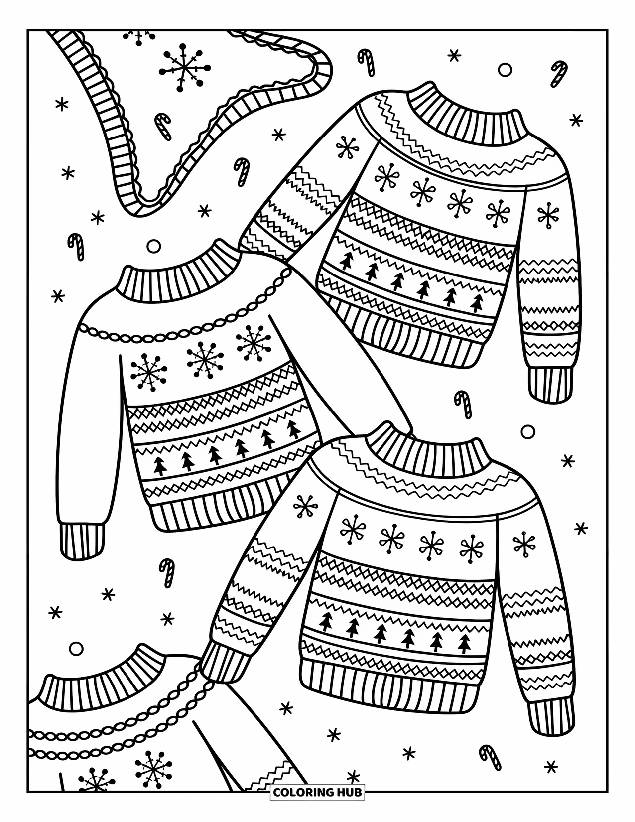 Christmas Cookie Coloring Page for Adults: Frosted cookie sweaters sit under a sky of tiny candy canes