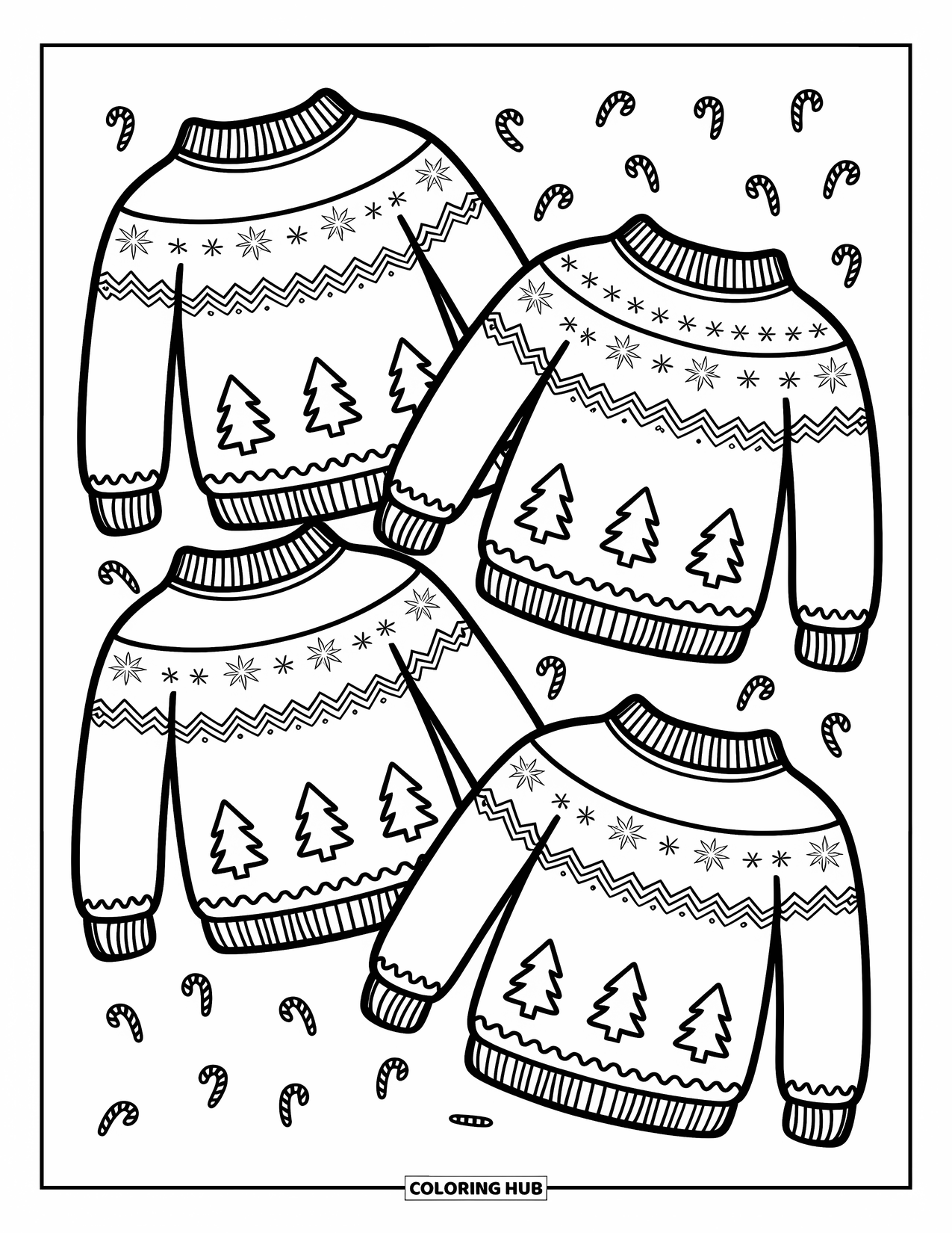 Christmas Cookie Coloring Page for Adults: Three big sweater cookies show off frosted snowflakes, trees, and stripes
