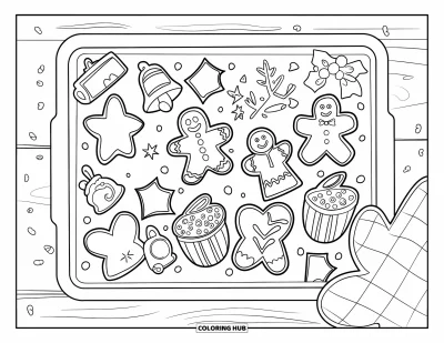 Christmas Cookie Coloring Page for Kids: A baking tray of festive cookies waits to be shared