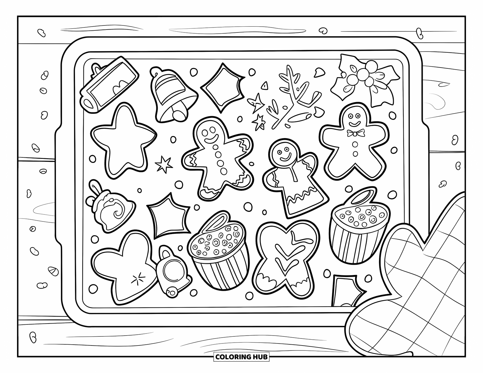 Christmas Cookie Coloring Page for Kids: A baking tray of festive cookies waits to be shared