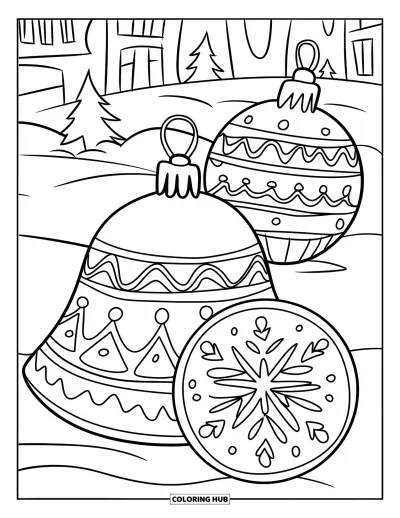Christmas Cookie Coloring Page for Kids: A bell-shaped cookie, ornament, and snowflake sit in a snowy landscape