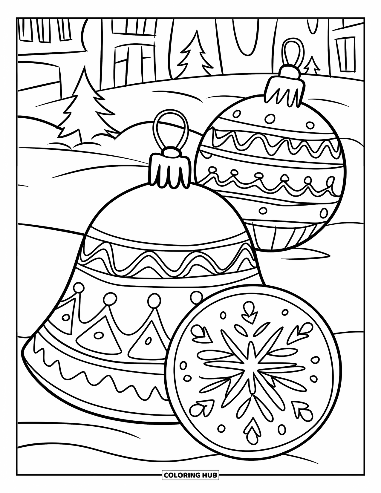 Christmas Cookie Coloring Page for Kids: A bell-shaped cookie, ornament, and snowflake sit in a snowy landscape