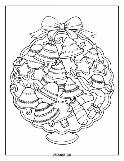 Christmas Cookie Coloring Page for Kids: A big cookie platter is topped with a bow and filled with festive shapes