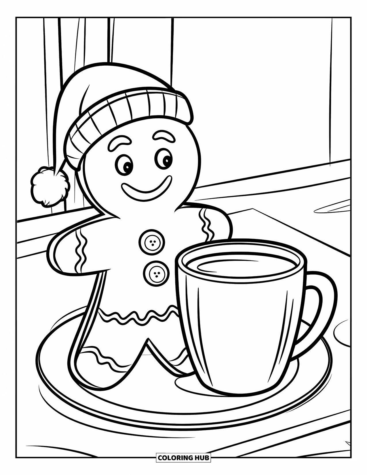 Christmas Cookie Coloring Page for Kids: A cheerful cookie and cup of milk sit on a cozy plate