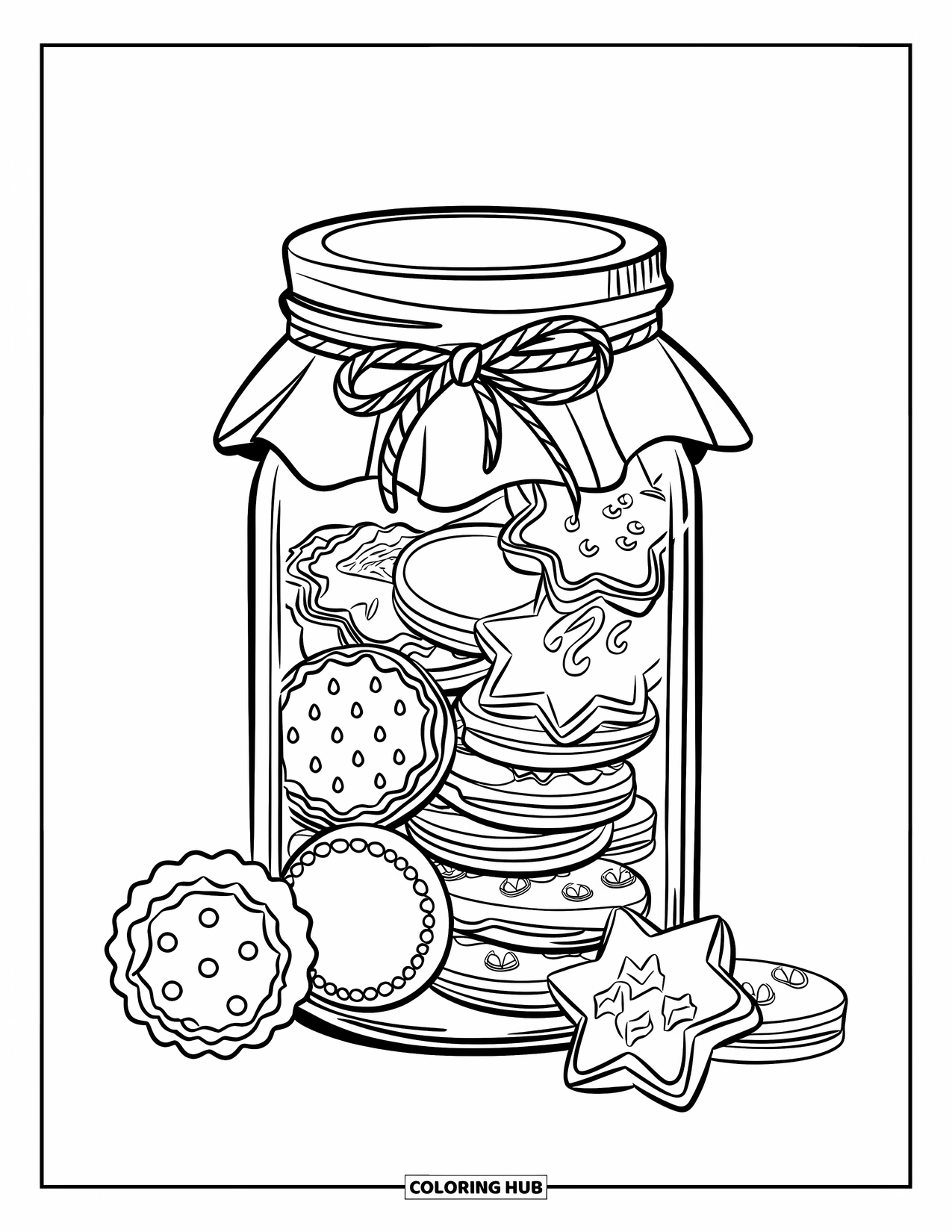 Christmas Cookie Coloring Page for Kids: A cookie jar is full of treats, ready to share