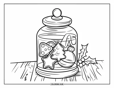 Christmas Cookie Coloring Page for Kids: A cookie jar sits on a wooden table with festive shapes inside