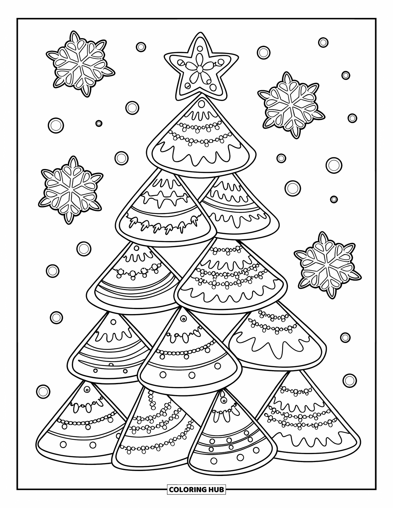 Christmas Cookie Coloring Page for Kids: A cookie tree with garlands and stars stands tall in a snowy scene