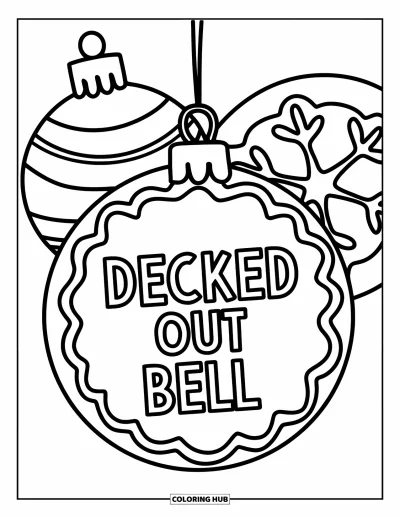 Christmas Cookie Coloring Page for Kids: A decorated bell cookie rests beside an ornament and a snowflake