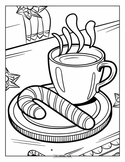 Christmas Cookie Coloring Page for Kids: A festive cookie and cocoa mug sit on a quiet tabletop