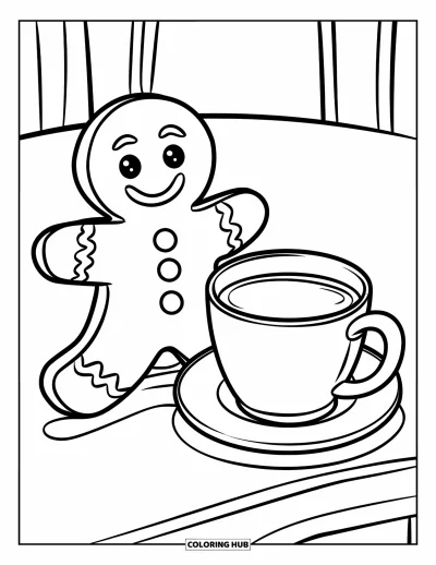 Christmas Cookie Coloring Page for Kids: A gingerbread man with a hat stands beside a glass of milk