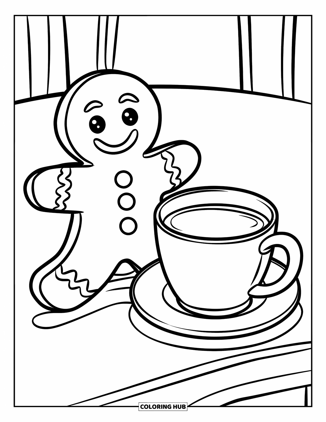 Christmas Cookie Coloring Page for Kids: A gingerbread man with a hat stands beside a glass of milk