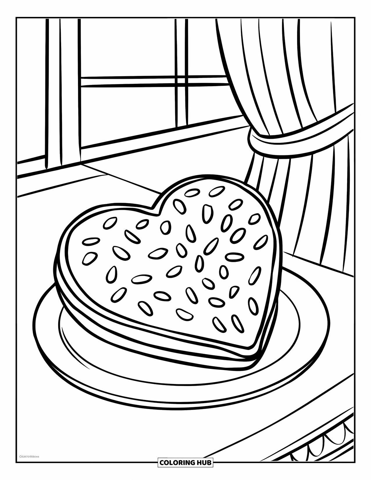 Christmas Cookie Coloring Page for Kids: A heart cookie sparkles beside a window with curtains