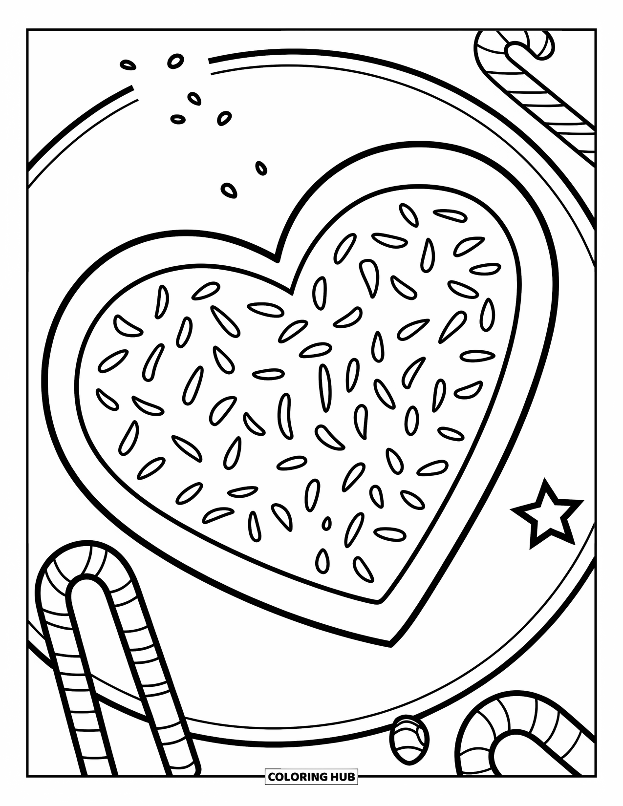 Christmas Cookie Coloring Page for Kids: A heart-shaped cookie with sprinkles sits on a plate