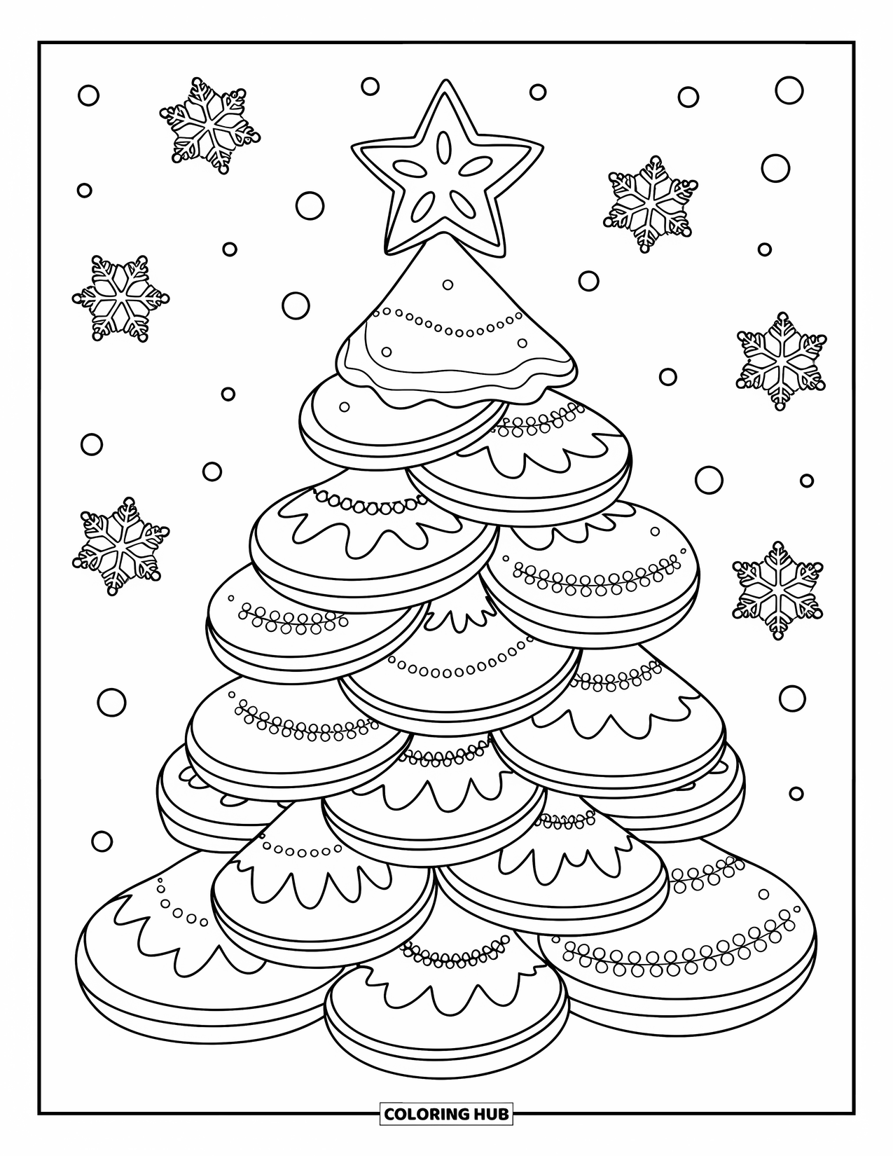 Christmas Cookie Coloring Page for Kids: A layered cookie tree sparkles with icing and ornaments