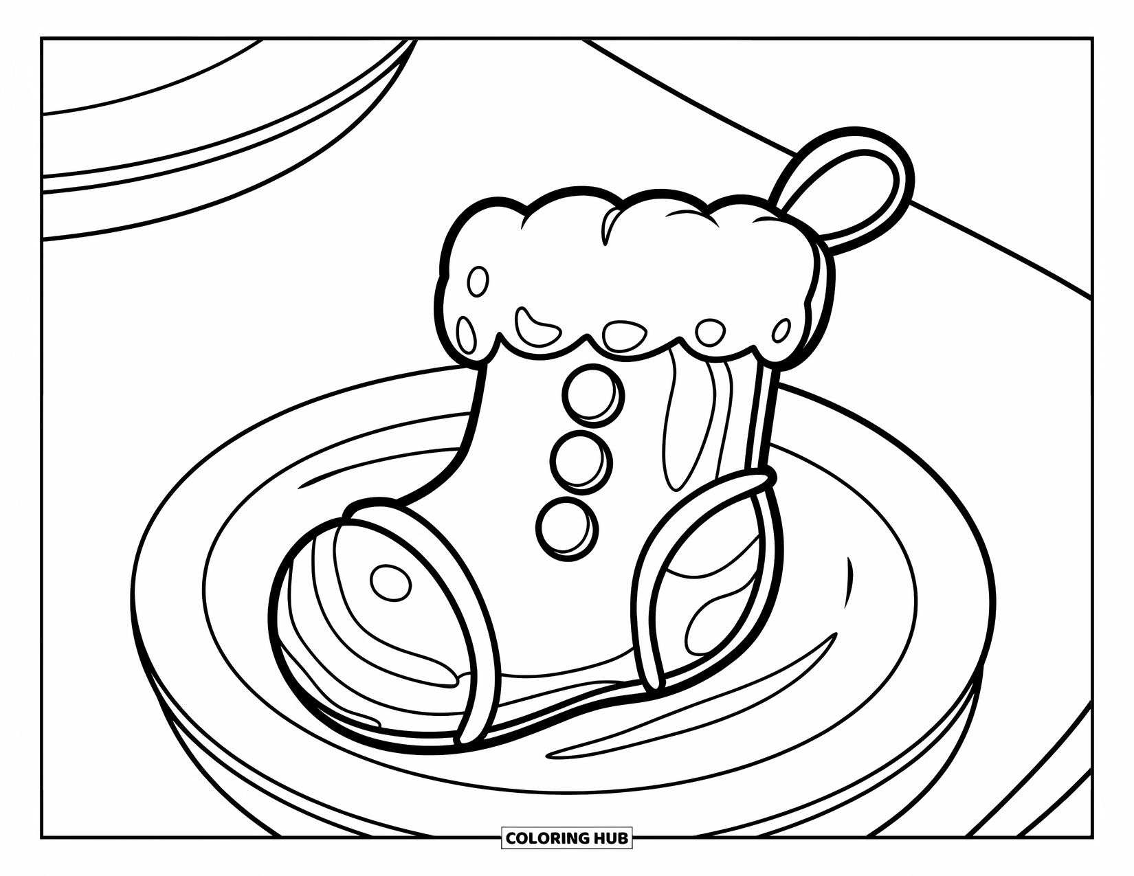 Christmas Cookie Coloring Page for Kids: A puffy stocking cookie sits alone on a white plate