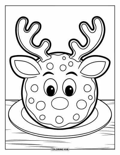 Christmas Cookie Coloring Page for Kids: A reindeer cookie sits alone on a white plate