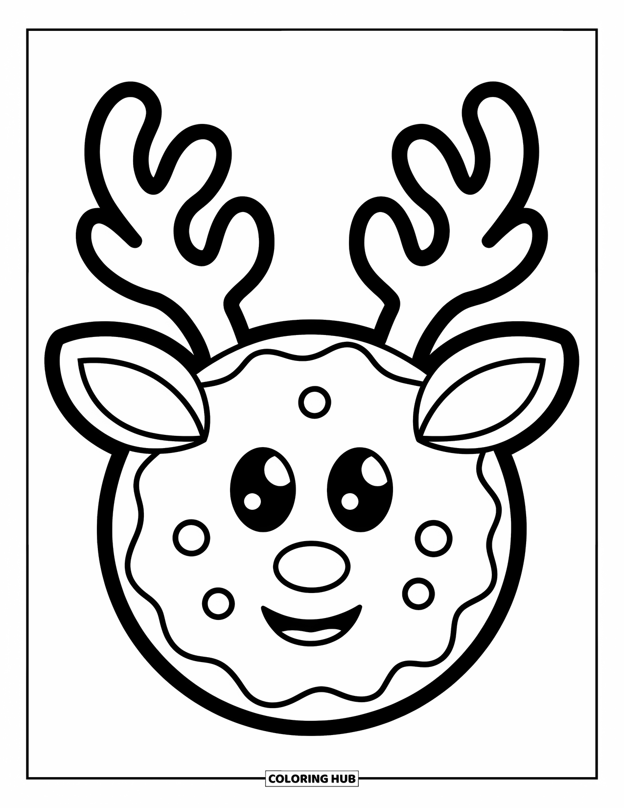 Christmas Cookie Coloring Page for Kids: A reindeer cookie with big antlers smiles from a clean plate