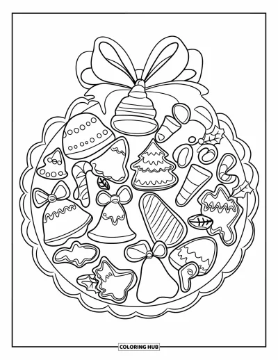 Christmas Cookie Coloring Page for Kids: A round platter holds cookies shaped like trees, bells, stars, and canes