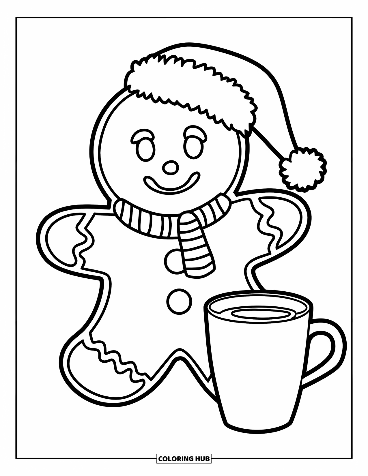 Christmas Cookie Coloring Page for Kids: A smiling cookie with a Santa hat sits next to a glass of milk