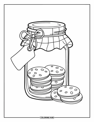 Christmas Cookie Coloring Page for Kids: A tall jar is packed with stacked cookies and tied with a holiday tag