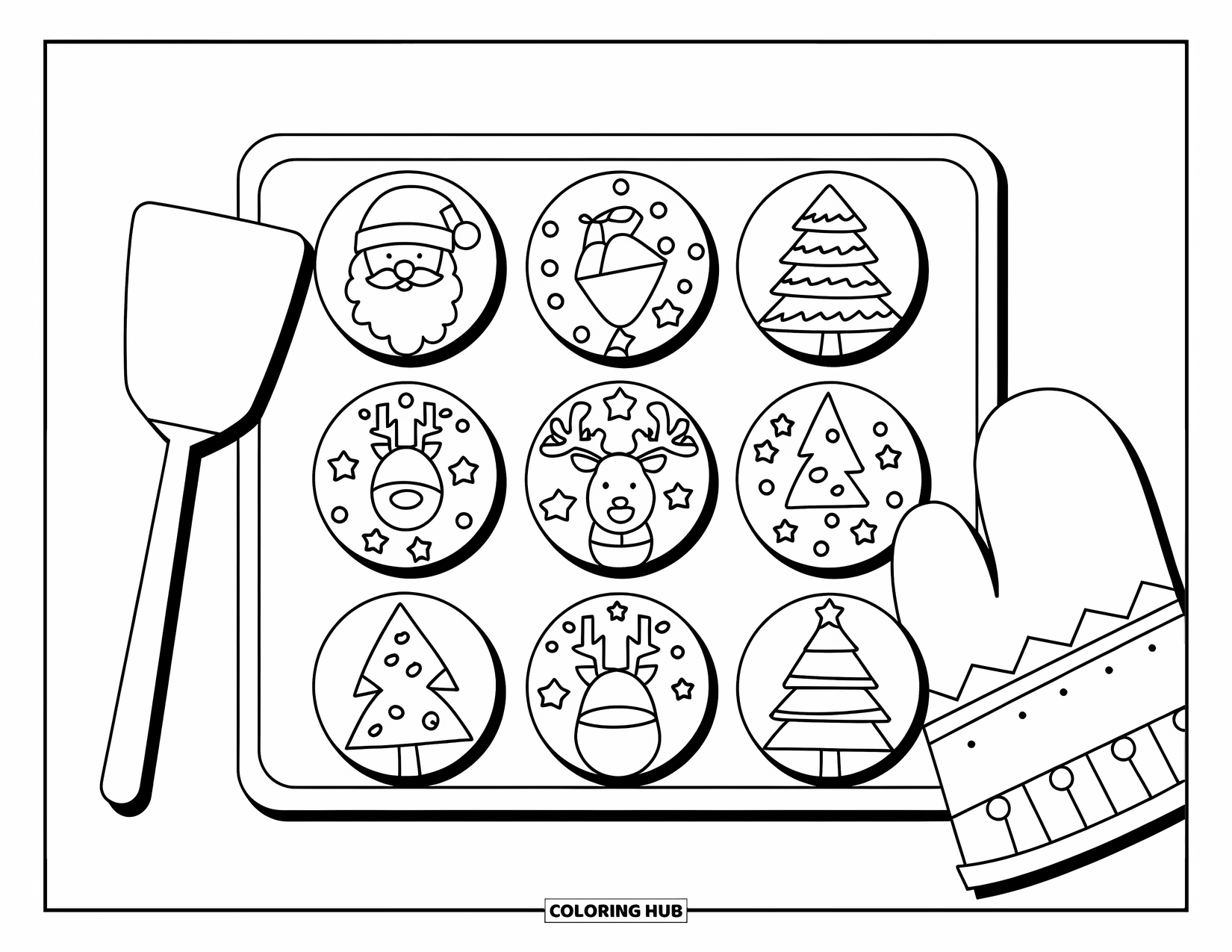Christmas Cookie Coloring Page for Kids: A tray of cookies cools next to an oven mitt and spatula