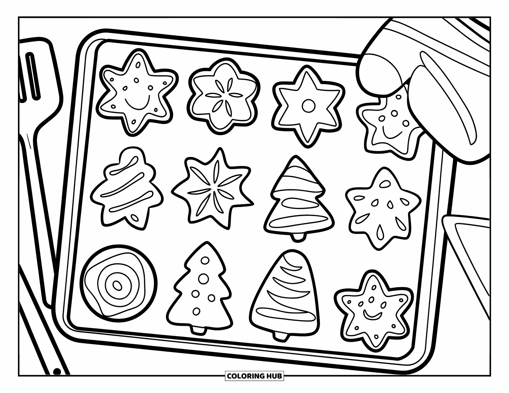Christmas Cookie Coloring Page for Kids: A tray of festive cookies sits beside a spatula and mitt