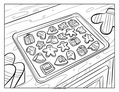 Christmas Cookie Coloring Page for Kids: A tray of holiday cookies cools beside a cozy pair of oven mitts