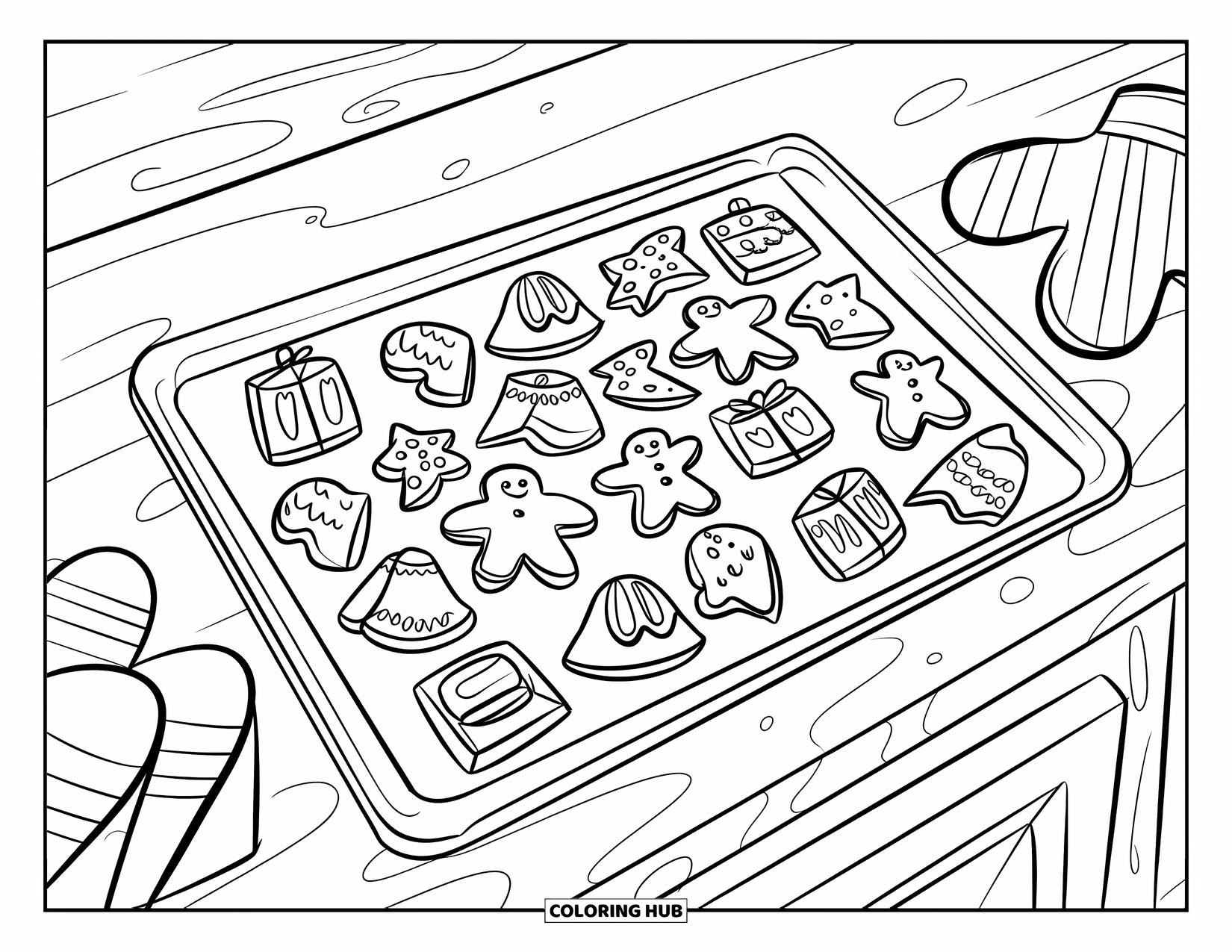 Christmas Cookie Coloring Page for Kids: A tray of holiday cookies cools beside a cozy pair of oven mitts
