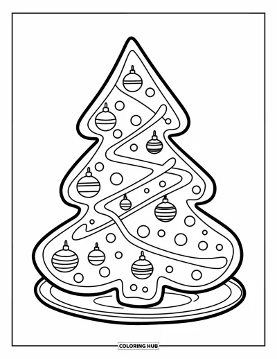 Christmas Cookie Coloring Page for Kids: A tree-shaped cookie is decorated with candy ornaments and frosting
