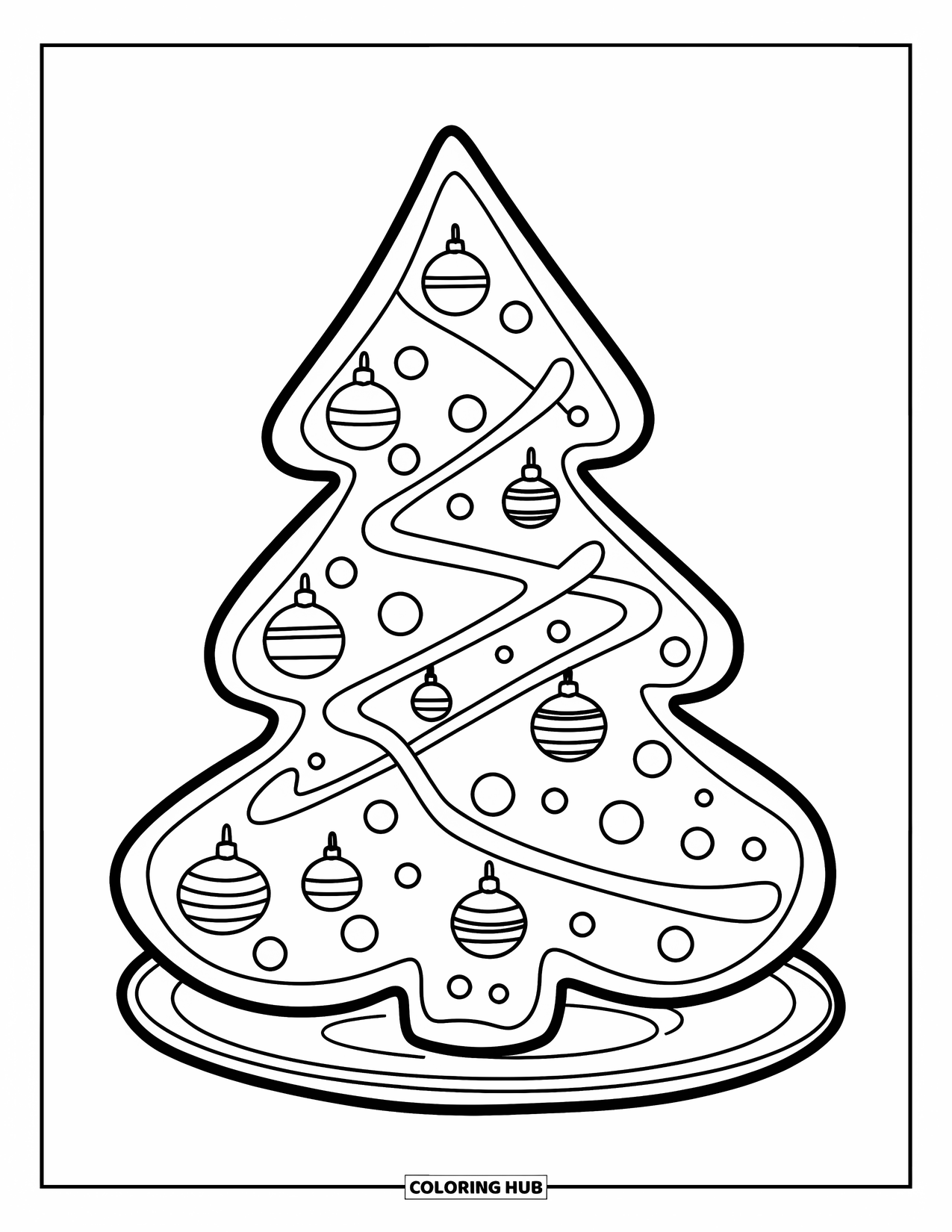 Christmas Cookie Coloring Page for Kids: A tree-shaped cookie is decorated with candy ornaments and frosting