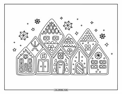 Christmas Cookie Coloring Page for Kids: A village of gingerbread cookie houses is dusted with stars and snowflakes