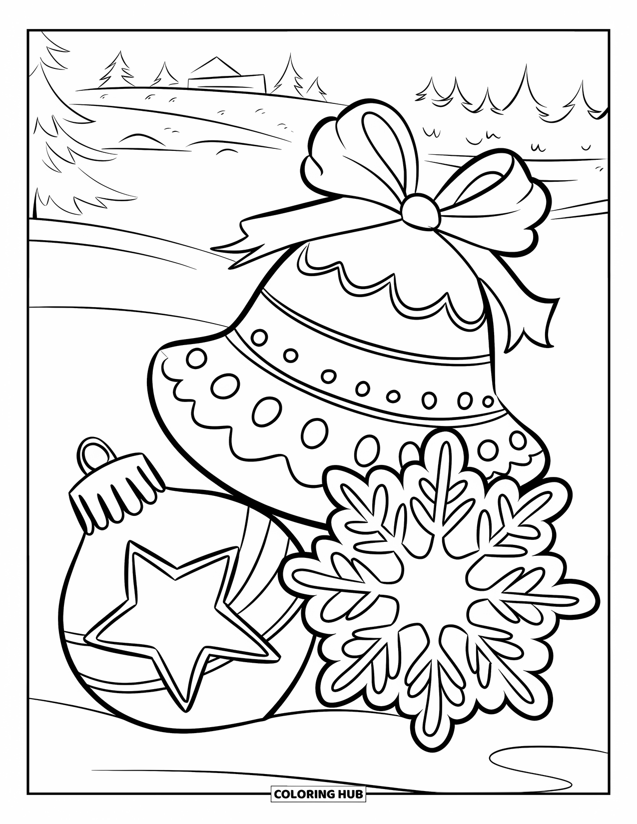 Christmas Cookie Coloring Page for Kids: Bell and snowflake cookies sparkle in a winter scene