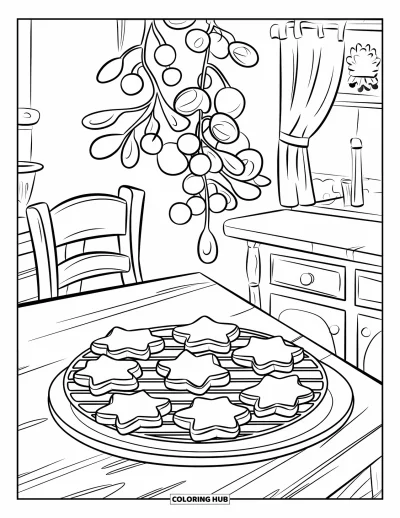 Christmas Cookie Coloring Page for Kids: Cookies rest on a plate and rack in a cozy kitchen