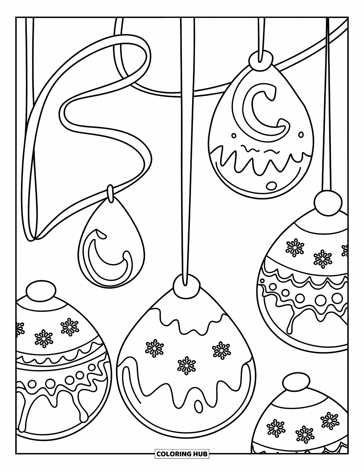 Christmas Cookie Coloring Page for Kids: Cookies shaped like ornaments dangle from swirling ribbons